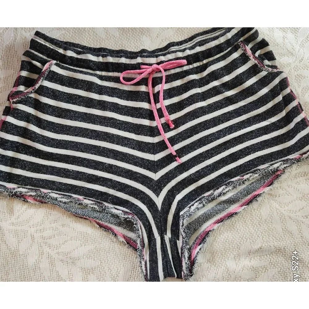 Maurices knit shorts, loungwear black & white striped pink drawstring & trim X22